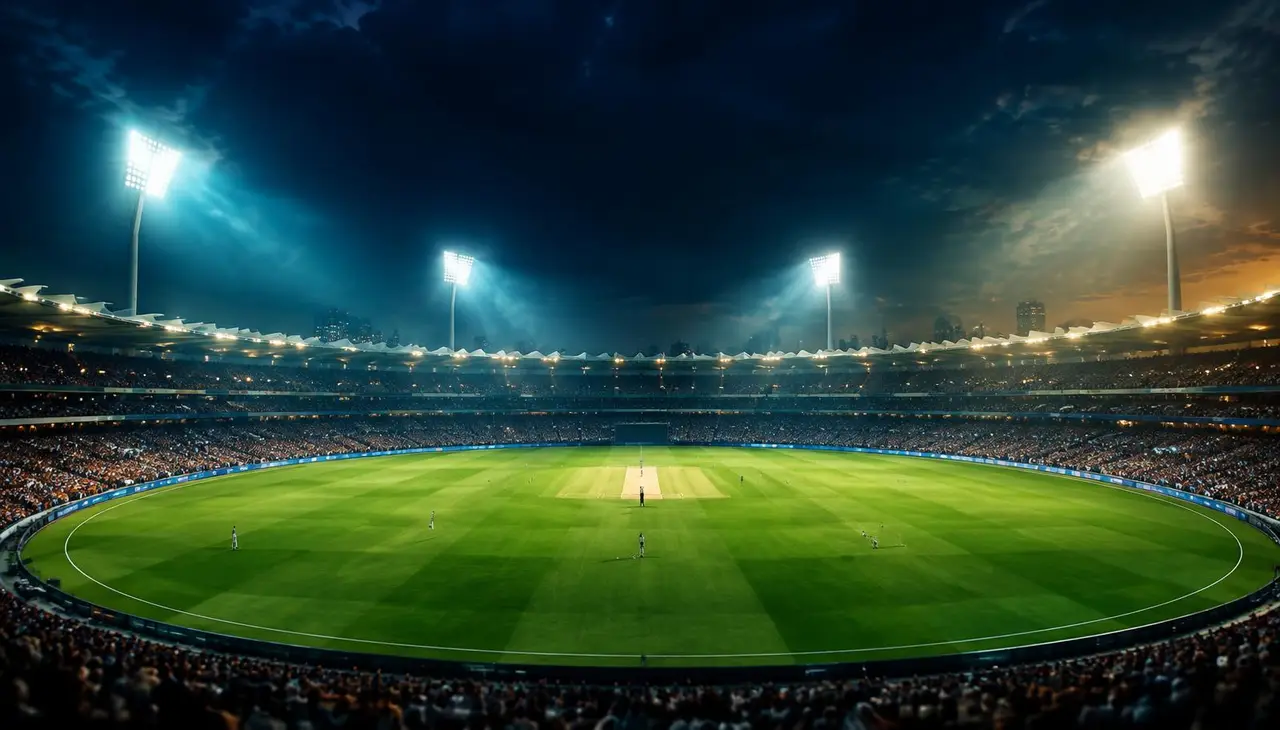 Floodlit night cricket stadium with a packed crowd